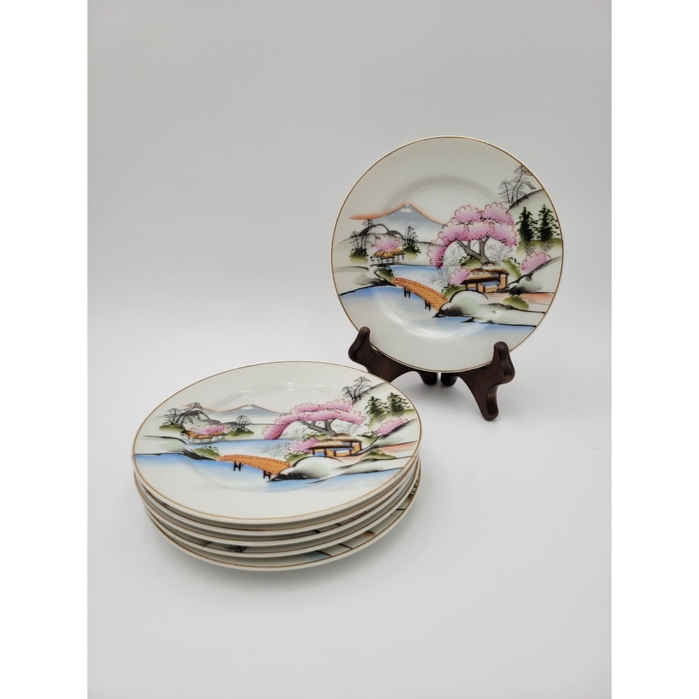 Set of 6 Vintage NS Kutani Japan KUT21 bread dessert plates pink beaded textured